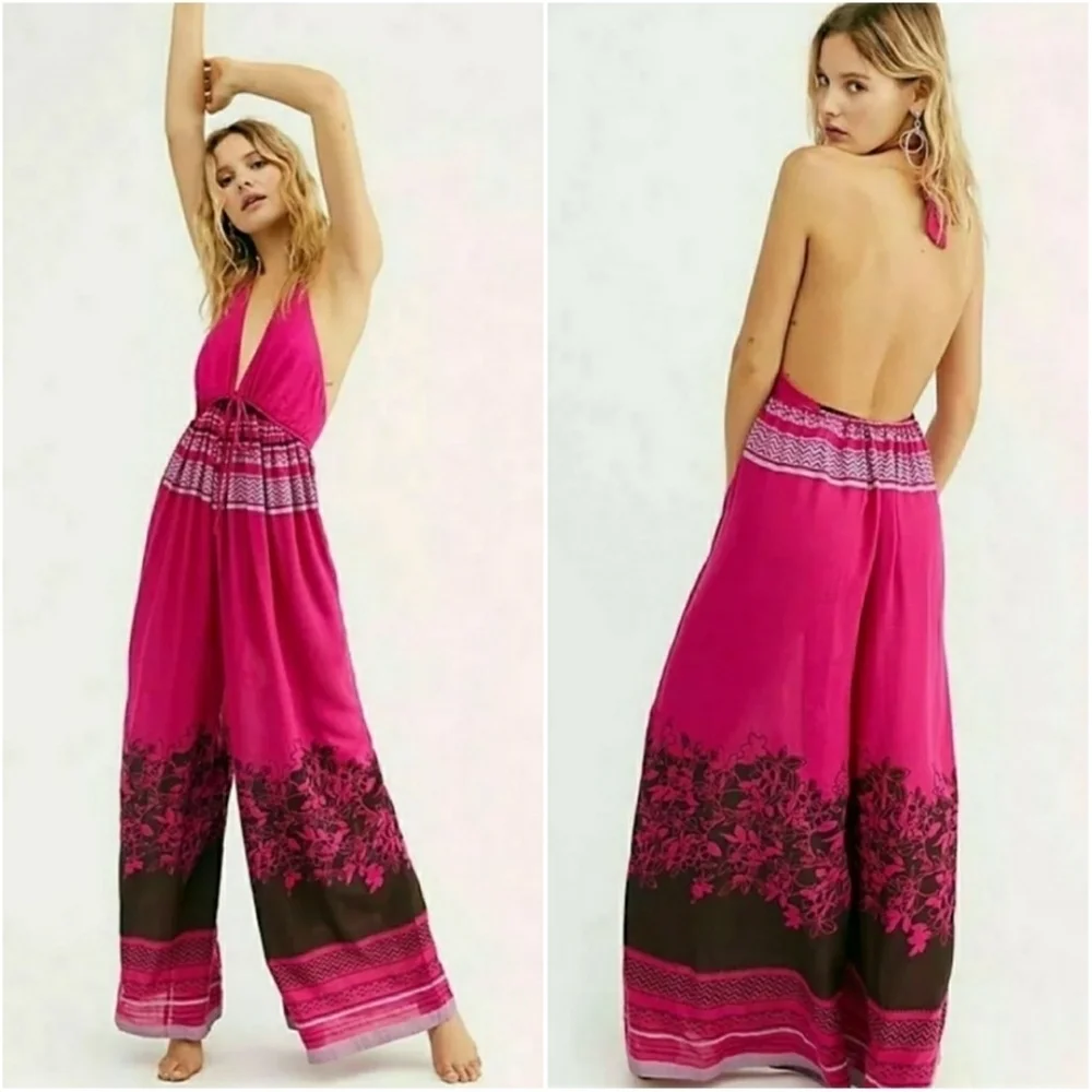 FREE PEOPLE // boho fuchsia print open back wide leg halter style jumpsuit